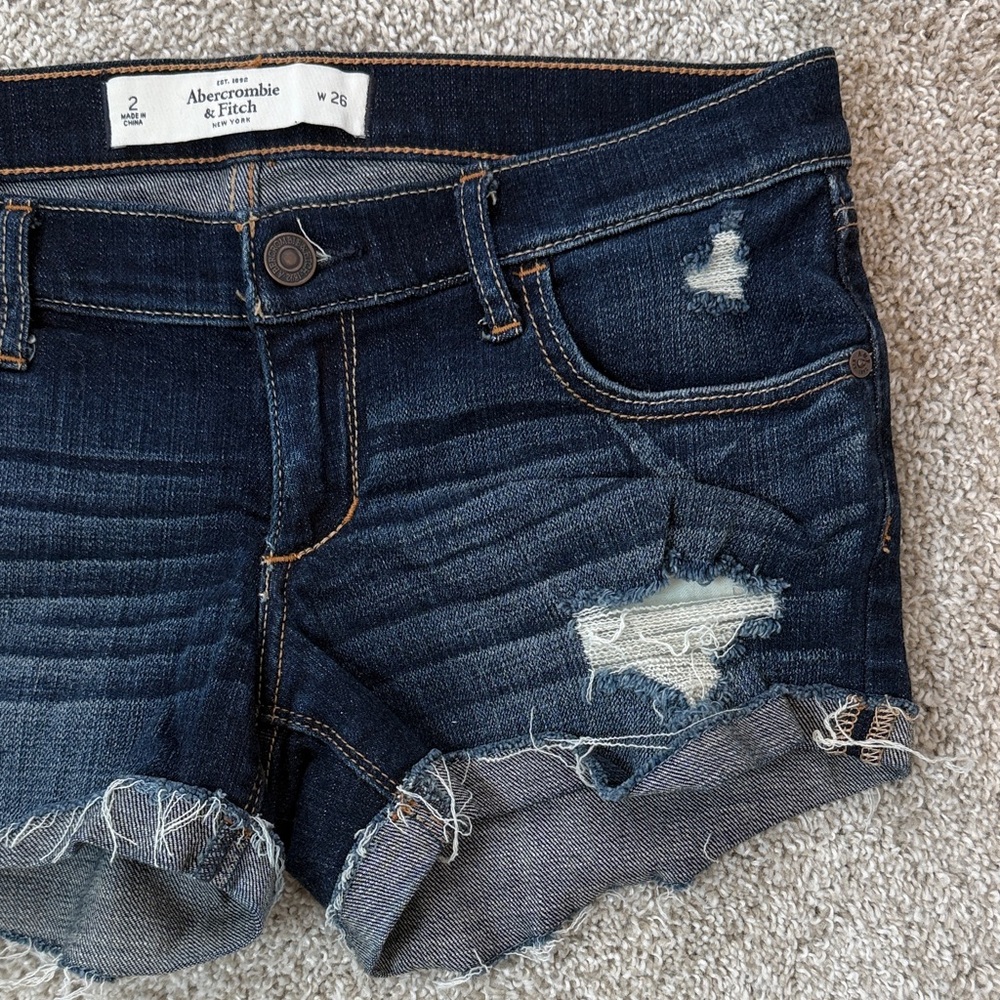 Abercrombie & Fitch Dark Blue Distressed Roll-Cuff Denim Shorts - Picture 3 of 5